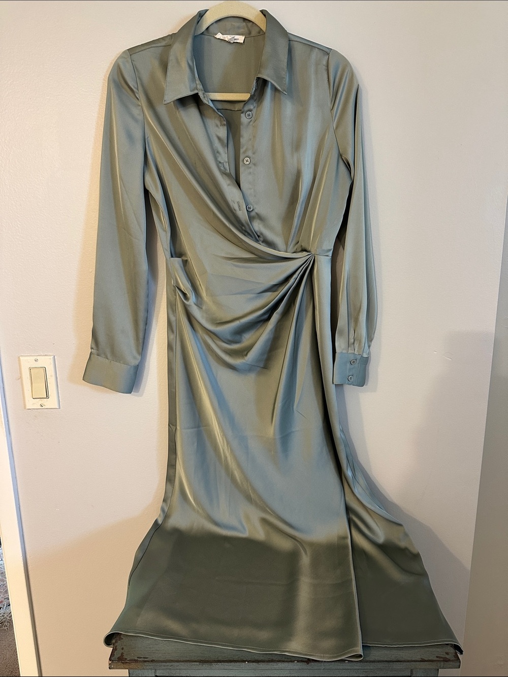 Sage Green Satin Wrap-Detail Long Sleeve Dress